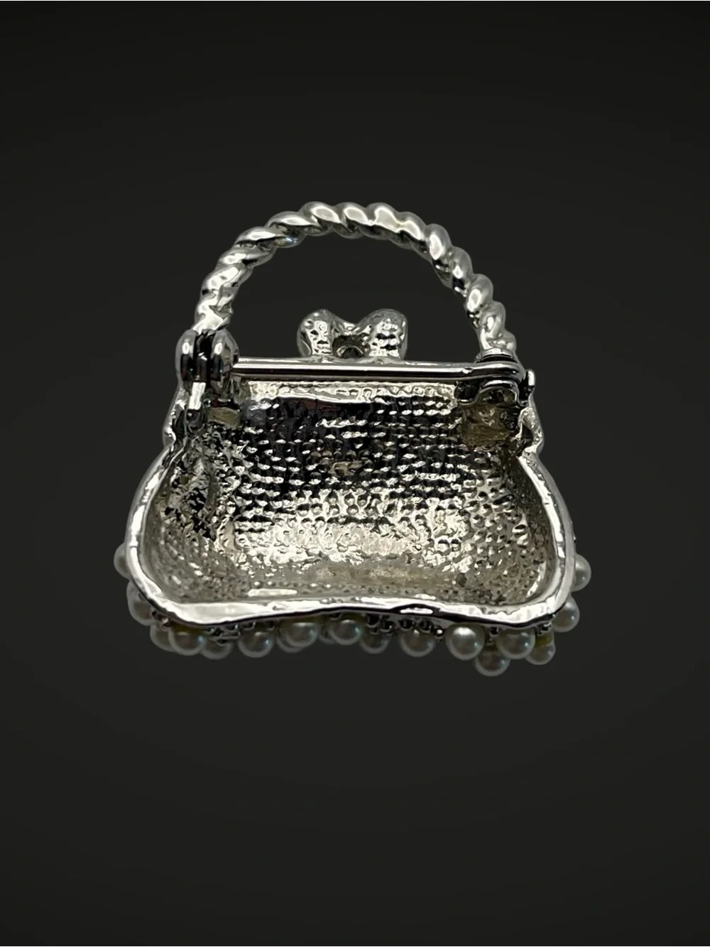 Dazzling Vintage Pearl and Rhinestone Purse Brooch Dainty Petite Estate Pc
